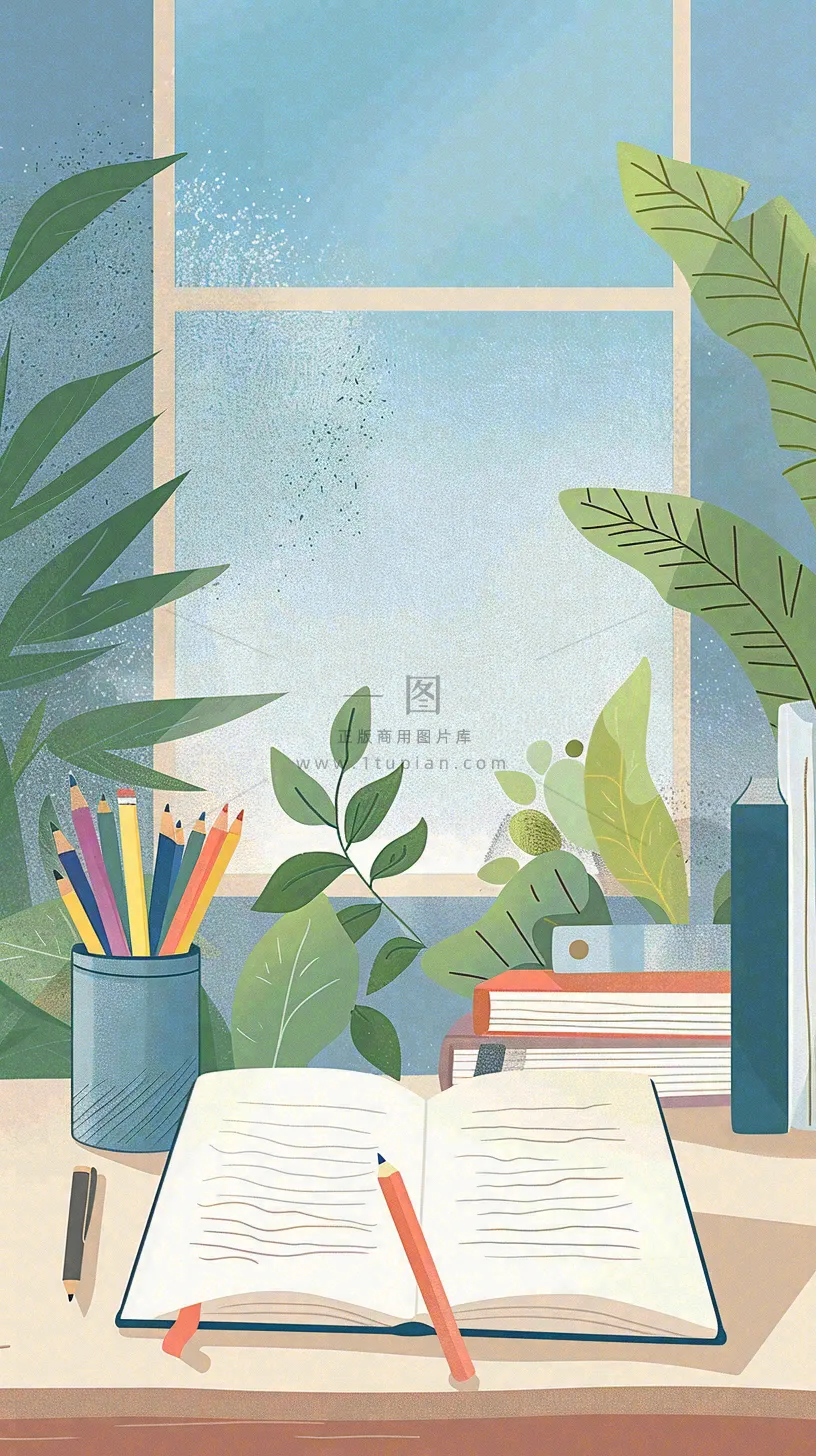 世界读书日窗前书桌书本绿植小清新卡通插画背景