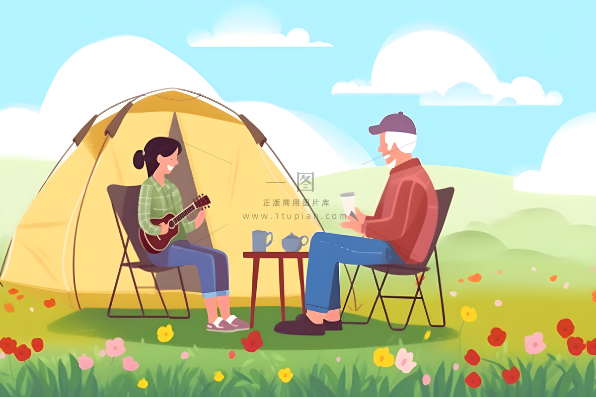 户外野外森林草原露营人们卡通插画背景