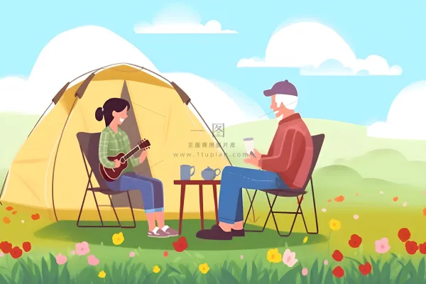 户外野外森林草原露营人们卡通插画背景 户外野外森林草原露营人们卡通插画背景