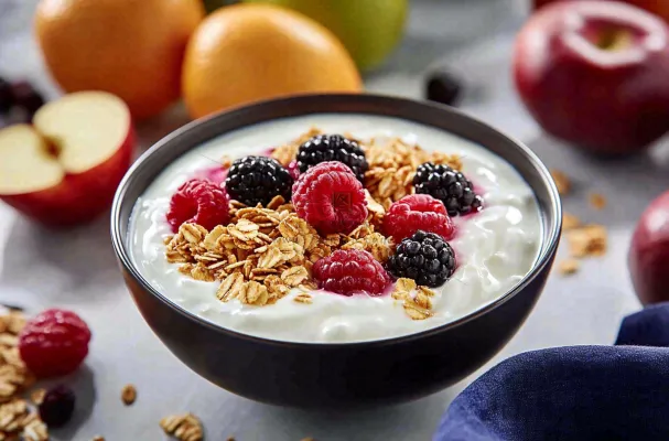 水果燕麦酸奶草莓蓝莓食物饮品摄影图