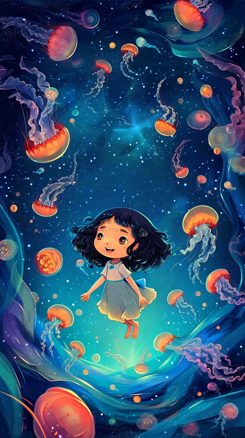 炫酷浪漫海洋海底水底可爱女孩手绘插画，鱼类水母生物
