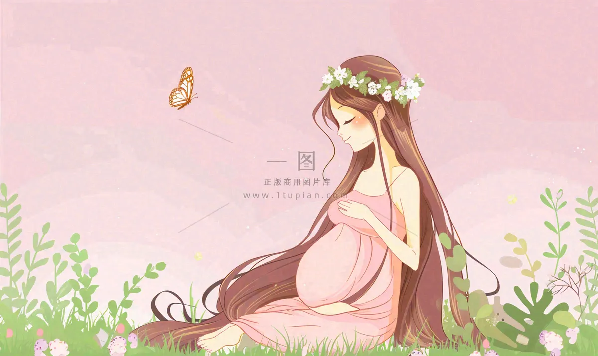 草丛鲜花里的孕妈妈唯美场景母爱母亲节粉色插画背景