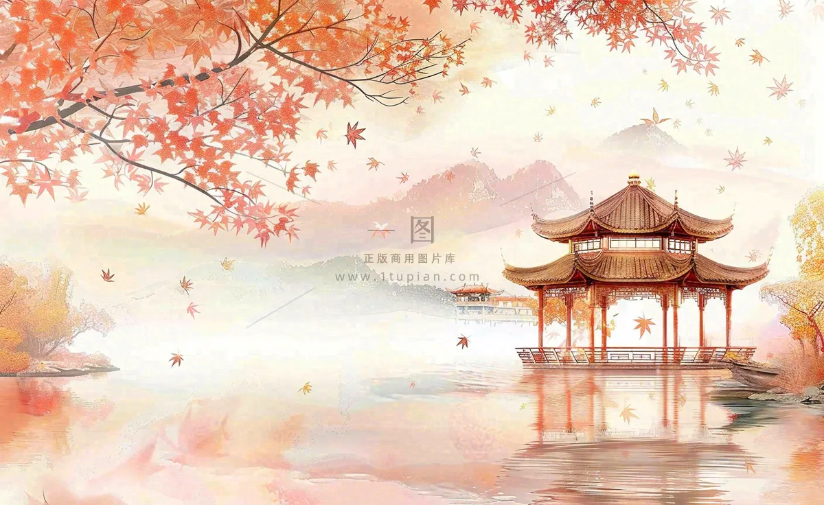 秋天红色枫叶江南水乡凉亭水墨画古风插画背景