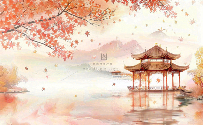 秋天红色枫叶江南水乡凉亭水墨画古风插画背景 秋天红色枫叶江南水乡凉亭水墨画古风插画背景