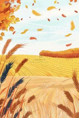 秋天金黄的麦田小麦黄树秋风丰收的季节立秋秋分卡通插画背景 秋天金黄的麦田小麦黄树秋风丰收的季节立秋秋分卡通插画背景