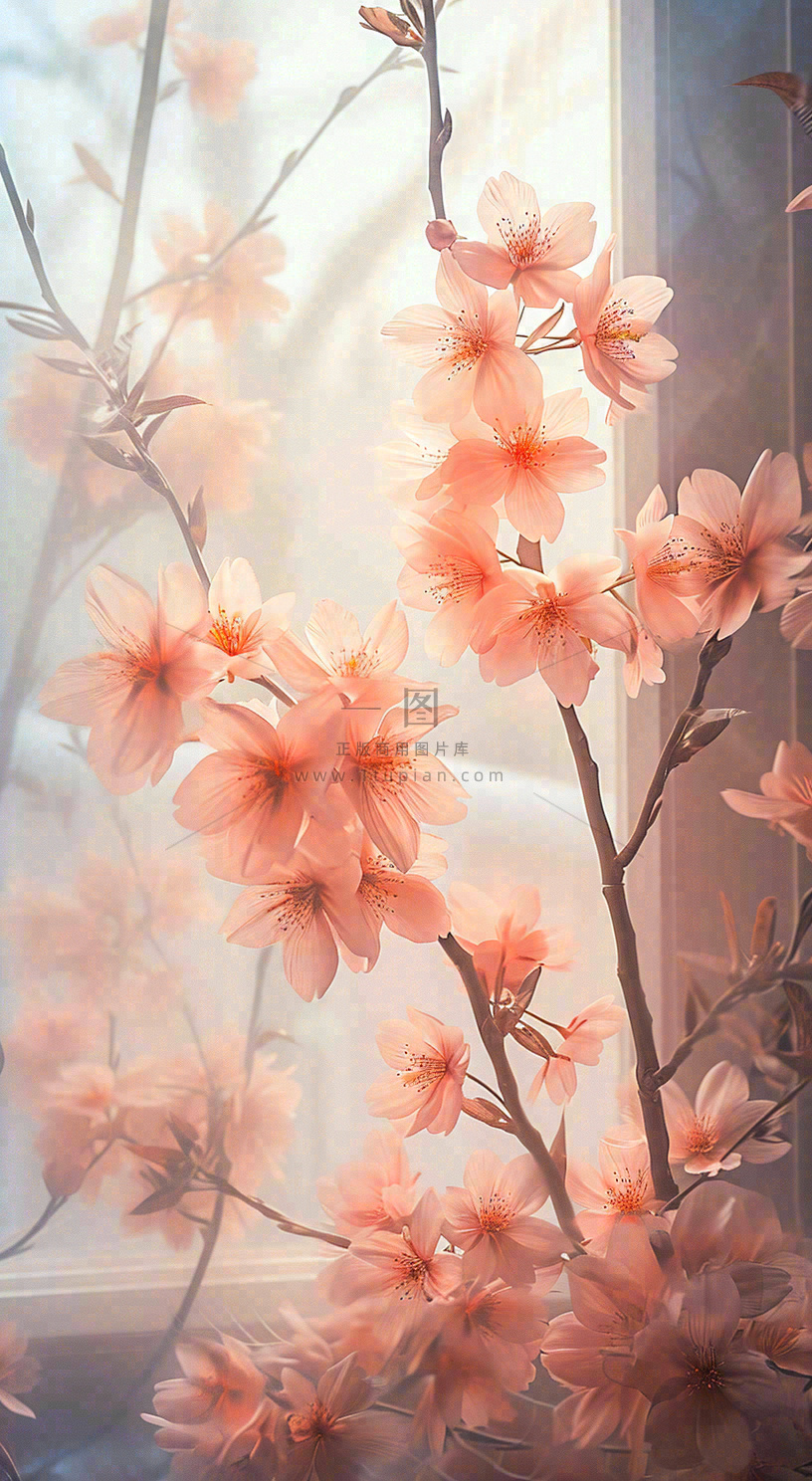 春天窗台粉色渐变鲜花,枝叶