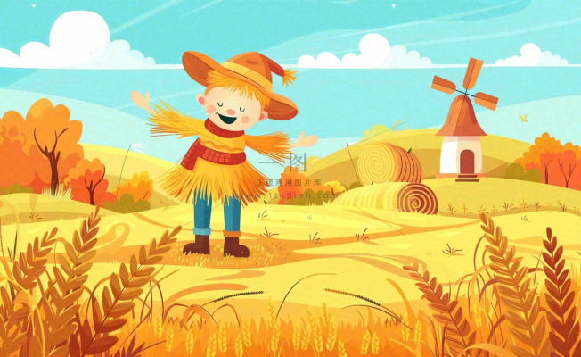 金秋稻田麦田稻草人秋风瑟瑟落叶立秋秋分处暑卡通插画背景 金秋稻田麦田稻草人秋风瑟瑟落叶立秋秋分处暑卡通插画背景
