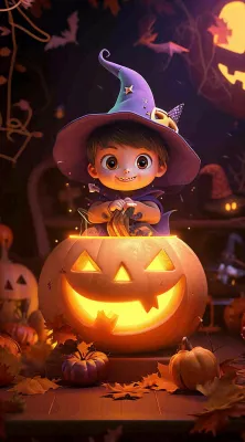 梦幻黑色万圣节恐怖南瓜，夜晚卡通动漫插画