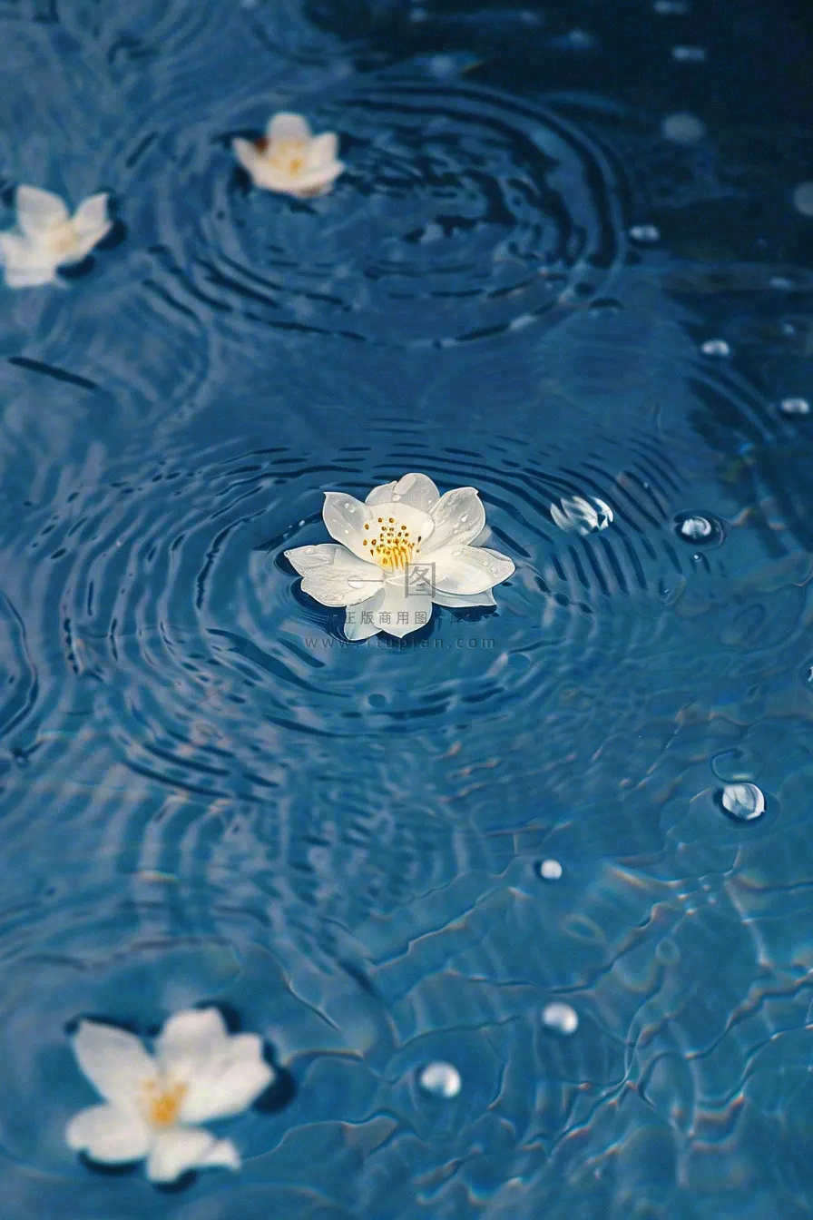 下雨天掉落在蓝色水面的白色花朵清新淡雅雨水处暑寒露摄影图