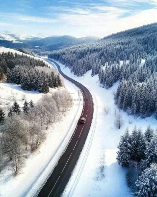 白雪雪山里的公路风景摄影图