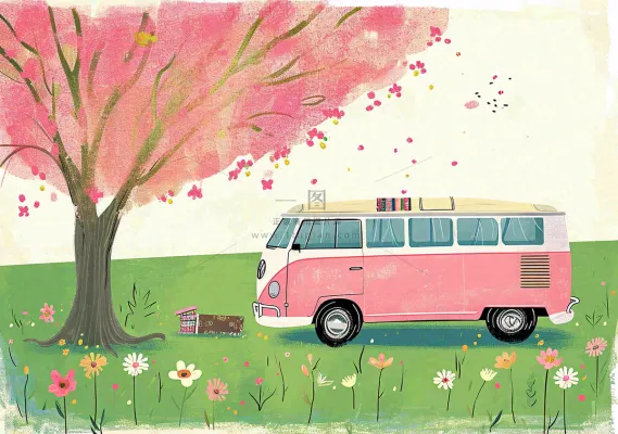清新可爱春日郊游旅行房车粉绿蜡笔插画手绘草坪,惊蛰春分 清新可爱春日郊游旅行房车粉绿蜡笔插画手绘草坪,惊蛰春分