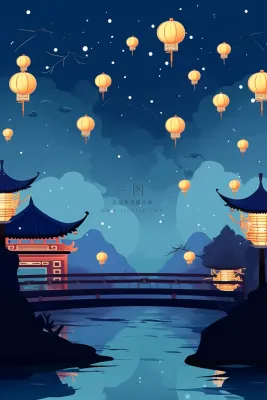 节日灯笼祈福夜晚天水一色蓝色卡通插画插图背景