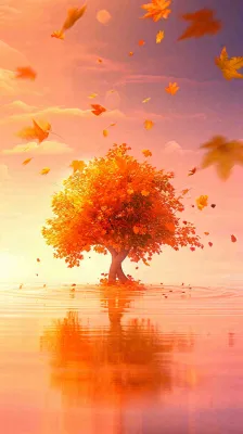 秋天树木的秋叶在河面上飘扬，金黄色温馨，秋分