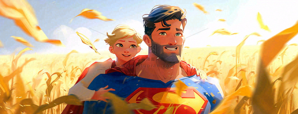 秋天麦田里的超人爸爸,父亲节父爱温馨,陪伴孩子插画 秋天麦田里的超人爸爸,父亲节父爱温馨,陪伴孩子插画