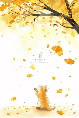 秋天银杏树下的松树秋意金黄色立秋秋分白露唯美插画背景 秋天银杏树下的松树秋意金黄色立秋秋分白露唯美插画背景