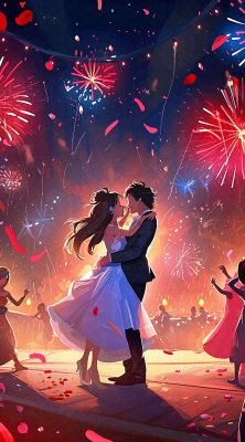 浪漫情人节爱心爱情夜晚烟花，跳舞插画