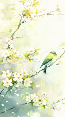 春天繁华盛开树枝小鸟春意小清新唯美立春惊蛰插画背景