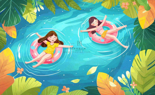 夏天游泳泳池人物游泳女孩蓝色背景泳圈夏日运动立夏大暑小暑夏至卡通插画背景 夏天游泳泳池人物游泳女孩蓝色背景泳圈夏日运动立夏大暑小暑夏至卡通插画背景