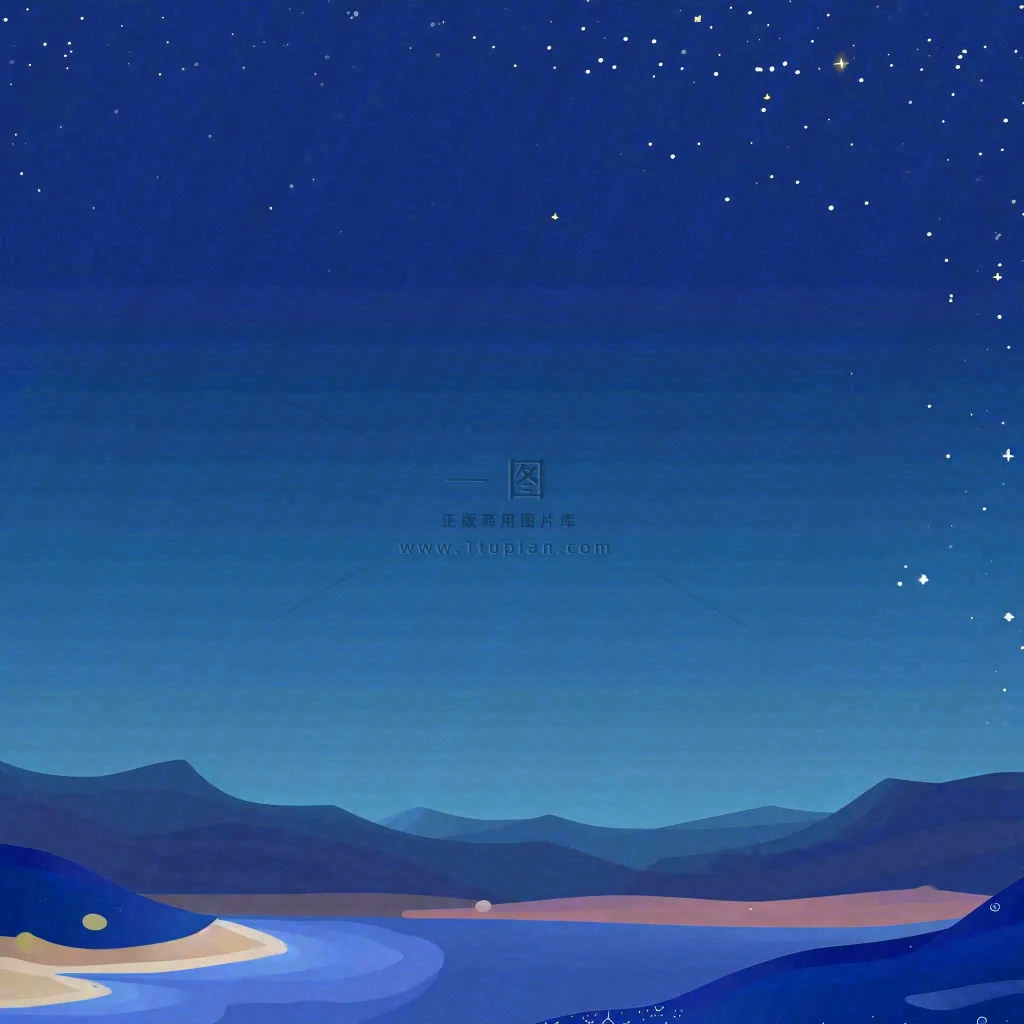 夜晚河面星空月亮唯美夜景扁平插画手绘