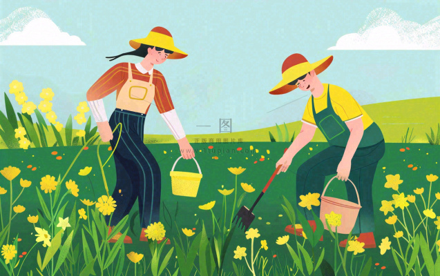 春天一家人在种花植树花丛浇水小满卡通插画背景