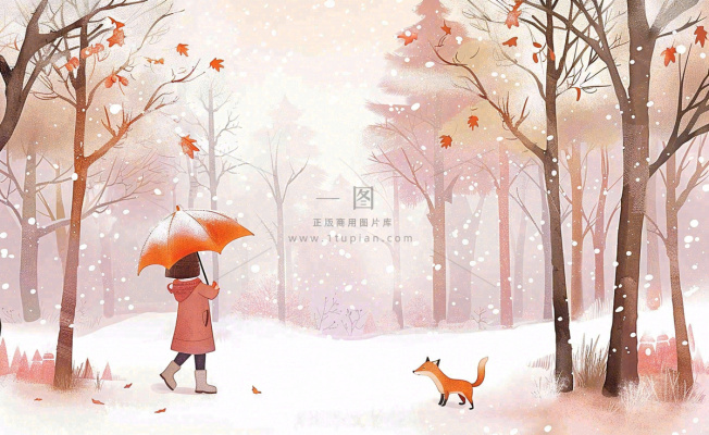 秋冬森林打伞的女孩狐狸动物相遇立冬小雪大雪冬至卡通插画背景