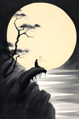 月亮月光山脉水墨简约背景 月亮月光山脉水墨简约背景