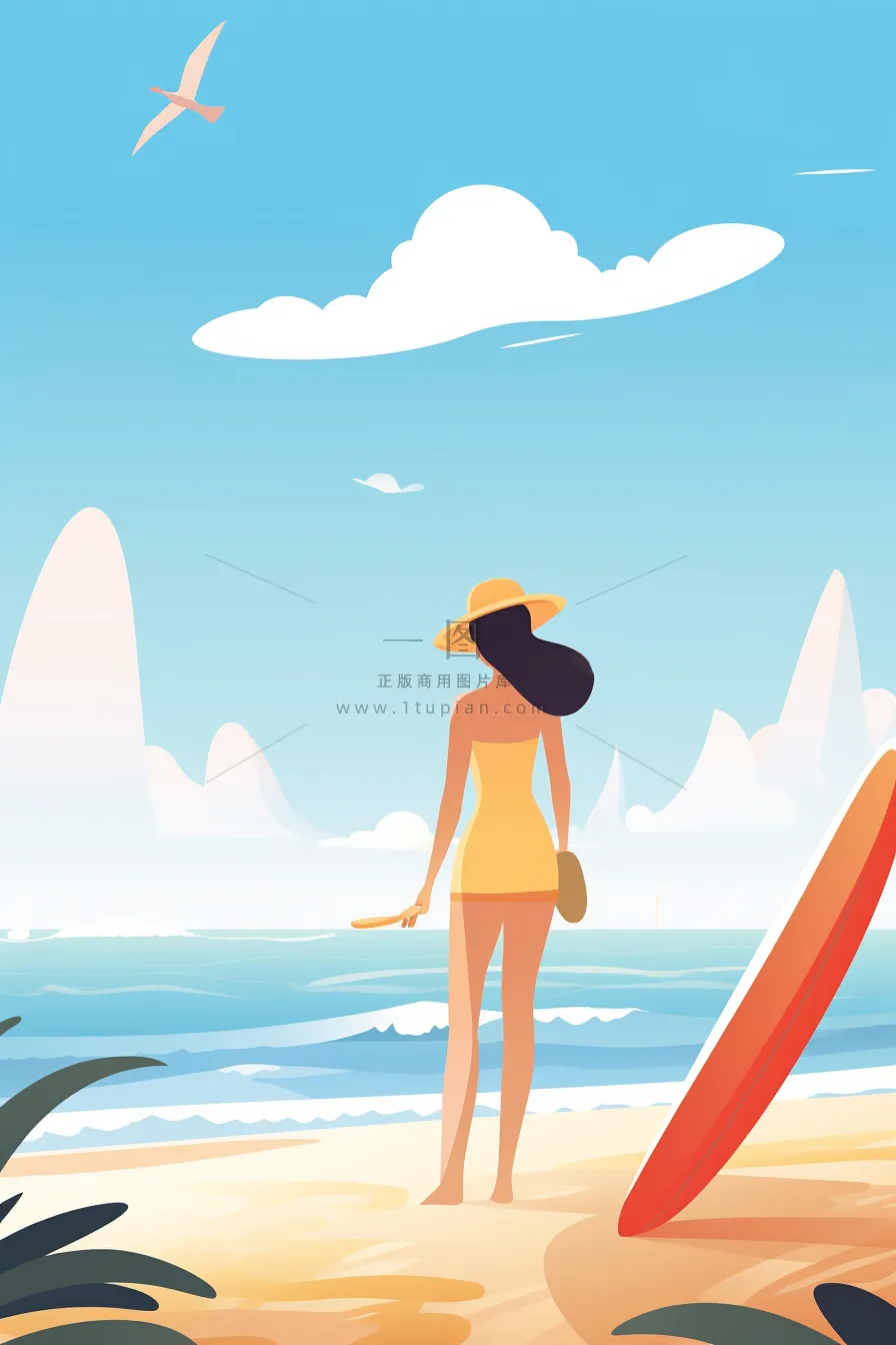 海边的少女沙滩椰树冲浪板海鸥卡通插画素材