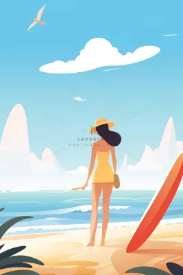 海边的少女沙滩椰树冲浪板海鸥卡通插画素材