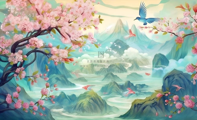 国潮风山峦云树枝花鸟插画海报素材背景 国潮风山峦云树枝花鸟插画海报素材背景