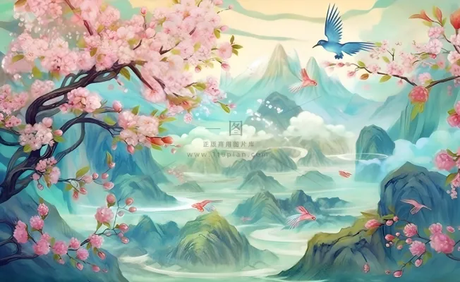 国潮风山峦云树枝花鸟插画海报素材背景 国潮风山峦云树枝花鸟插画海报素材背景