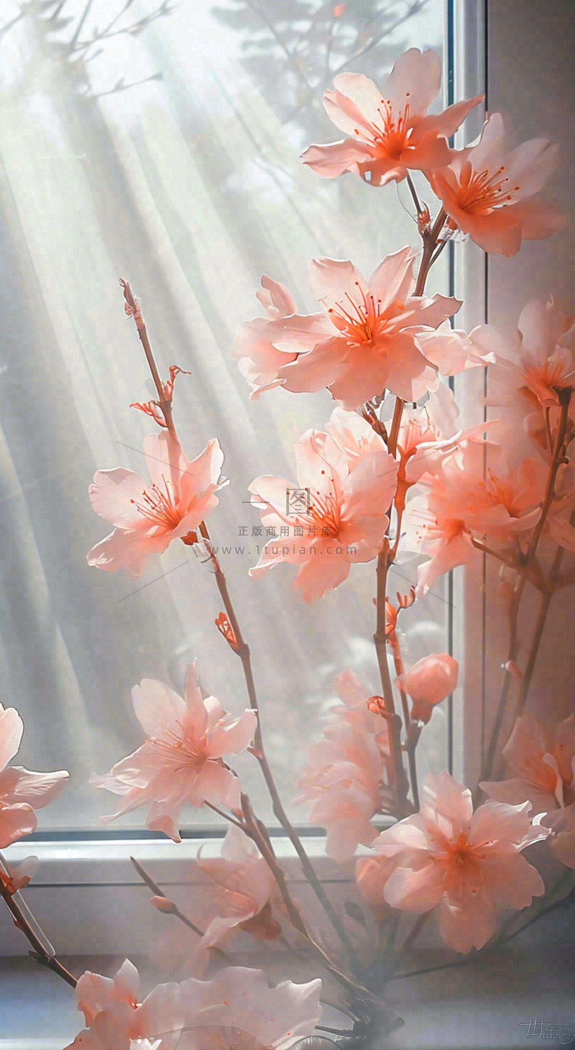 春天窗台粉色渐变鲜花,枝叶