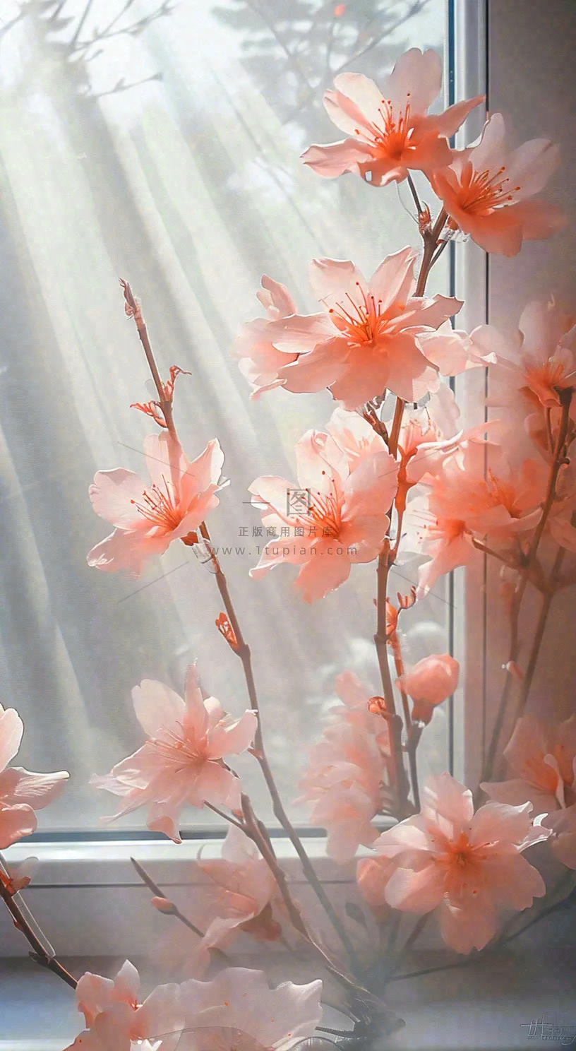 春天窗台粉色渐变鲜花，枝叶
