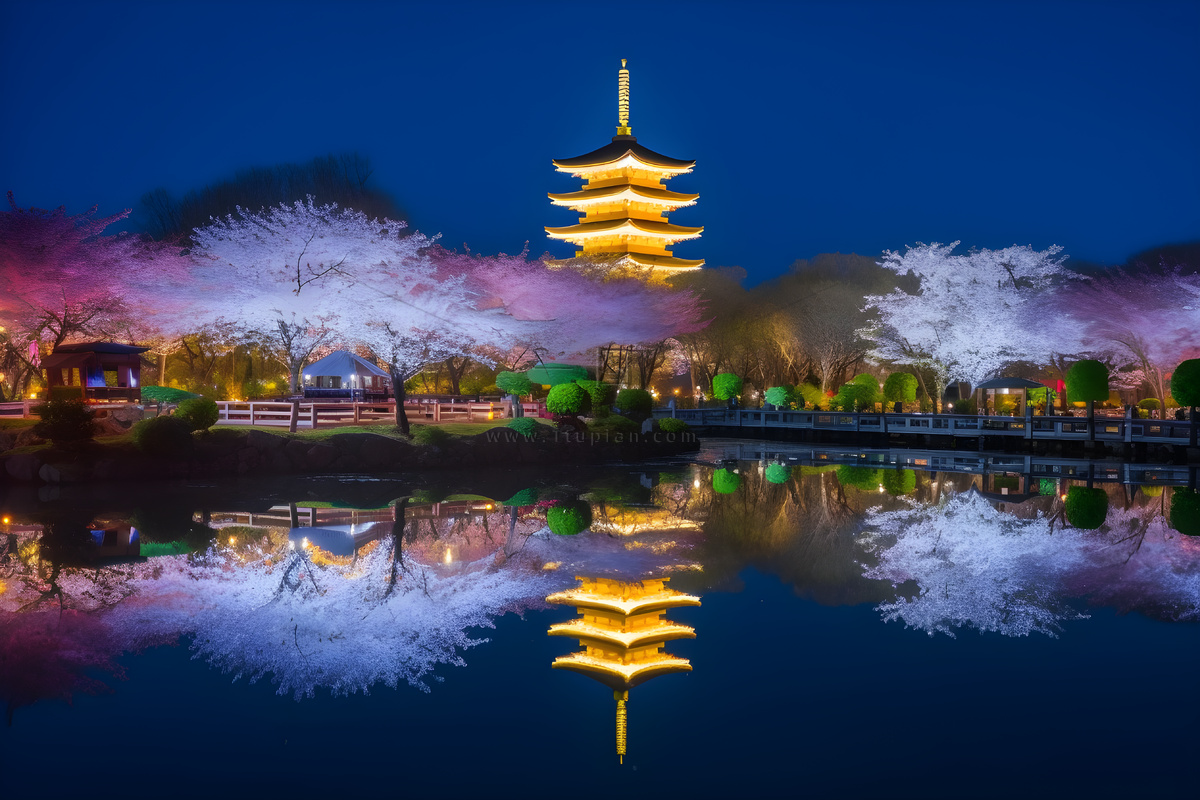 公园夜景发光的宝塔倒映在湖水里摄影图