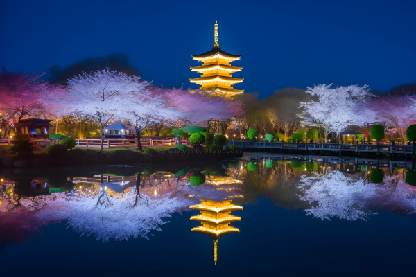 公园夜景发光的宝塔倒映在湖水里摄影图