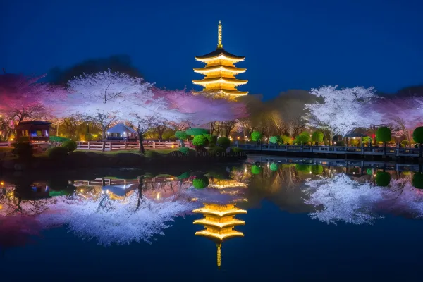 公园夜景发光的宝塔倒映在湖水里摄影图