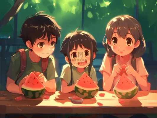 夏日卡通插画儿童吃西瓜动漫风背景 夏日卡通插画儿童吃西瓜动漫风背景