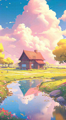 蓝天草坪上小屋房子在河流旁，河面倒影