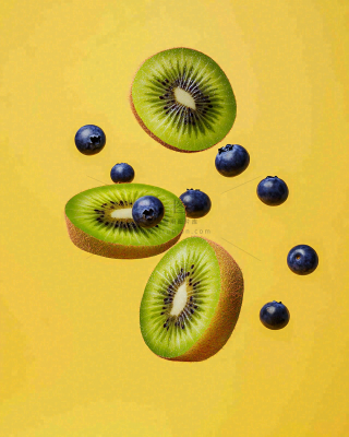 猕猴桃切片蓝莓空中漂浮水果摄影图