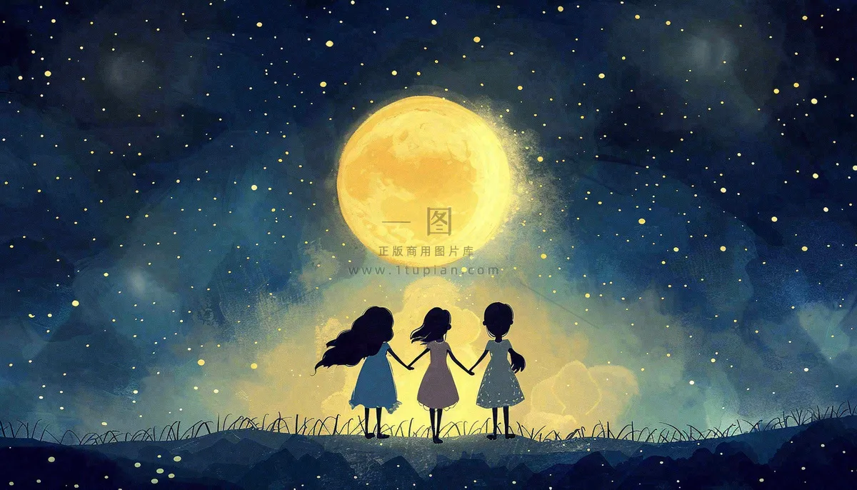 中秋满月小孩手拉手赏月治愈梦幻唯美月亮夜晚水彩插画背景