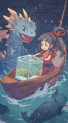 创意卡通古风河面人物游船,夜晚龙灯笼光照,海浪水面 创意卡通古风河面人物游船,夜晚龙灯笼光照,海浪水面