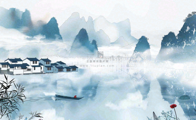 水墨山水江南水乡屋檐白露寒露冷清插画背景