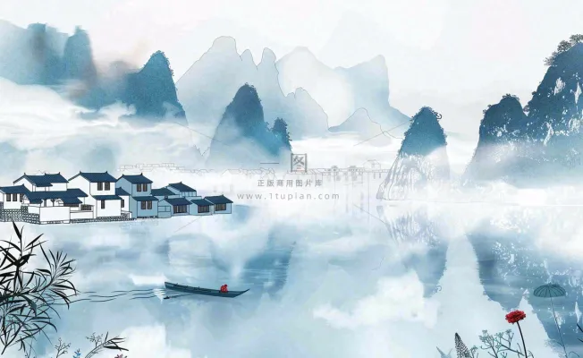 水墨山水江南水乡屋檐白露寒露冷清插画背景