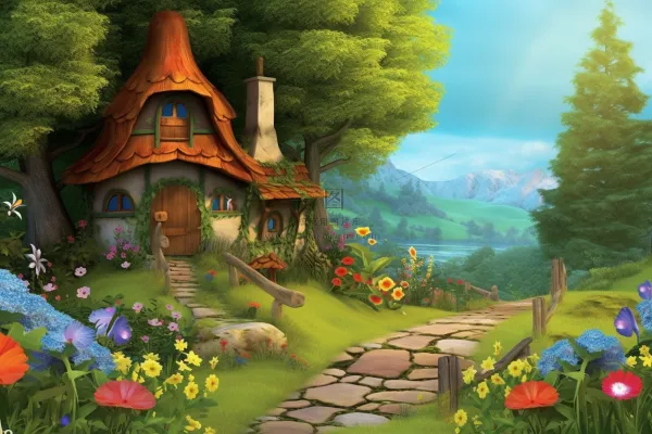 森林里的小房子门前花丛草地石子路卡通插画素材背景 森林里的小房子门前花丛草地石子路卡通插画素材背景