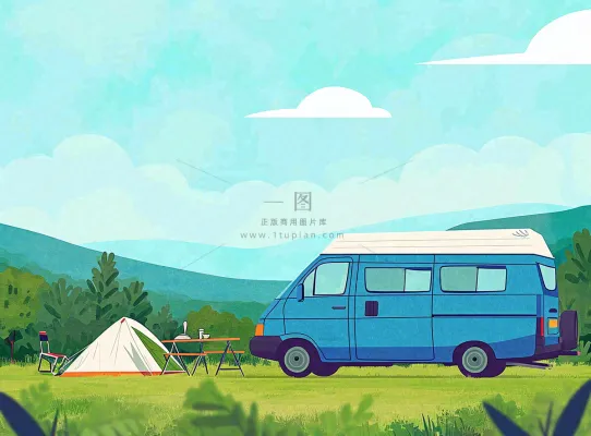 春天夏日清新草坪房车旅行露营玩耍手绘插画 春天夏日清新草坪房车旅行露营玩耍手绘插画