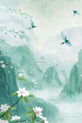 春天梅雨季山间燕子白花花朵雨水谷雨惊蛰寒露水墨插画背景