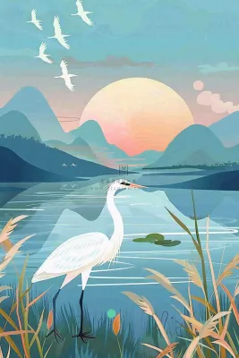 秋日芦苇荡的白鹭湖泊山水日落白露寒露插画背景 秋日芦苇荡的白鹭湖泊山水日落白露寒露插画背景