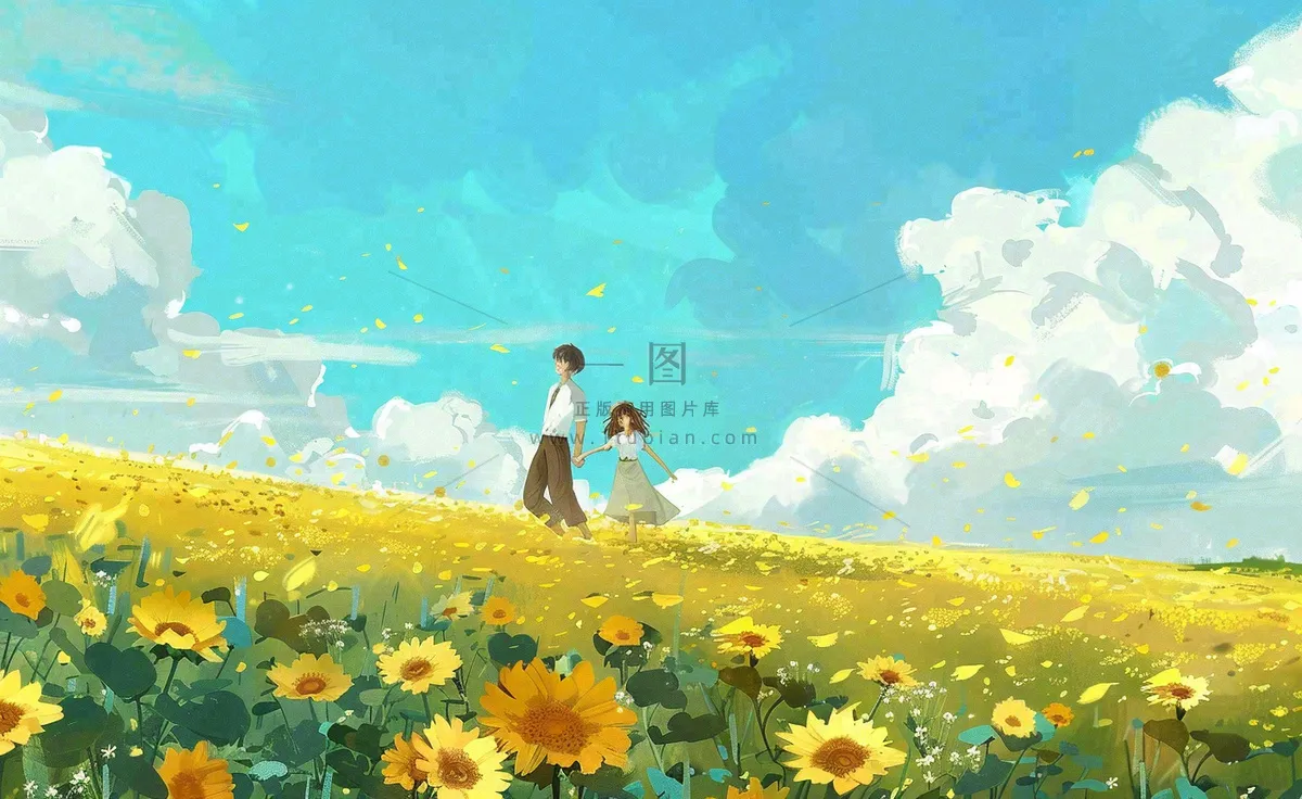 向日葵花海里的情侣恋人浪漫蓝天白云立夏夏至情人卡通插画背景