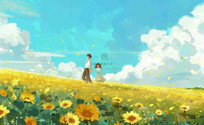 向日葵花海里的情侣恋人浪漫蓝天白云立夏夏至情人卡通插画背景 向日葵花海里的情侣恋人浪漫蓝天白云立夏夏至情人卡通插画背景