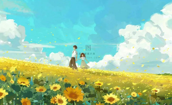 向日葵花海里的情侣恋人浪漫蓝天白云立夏夏至情人卡通插画背景 向日葵花海里的情侣恋人浪漫蓝天白云立夏夏至情人卡通插画背景