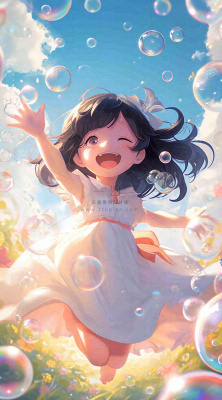 春天夏天女孩草地玩耍，阳光白云气泡可爱插画